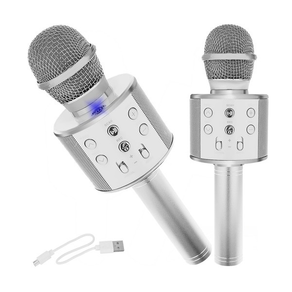 E-shop Bezdrôtový karaoke mikrofón strieborný - akcia: poškodená krabica